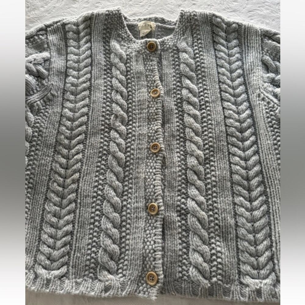 Vintage J.Crew Wool Shetland Chunky Cable Knit Blue Boxy Sweater Cardigan M/L - Picture 6 of 10